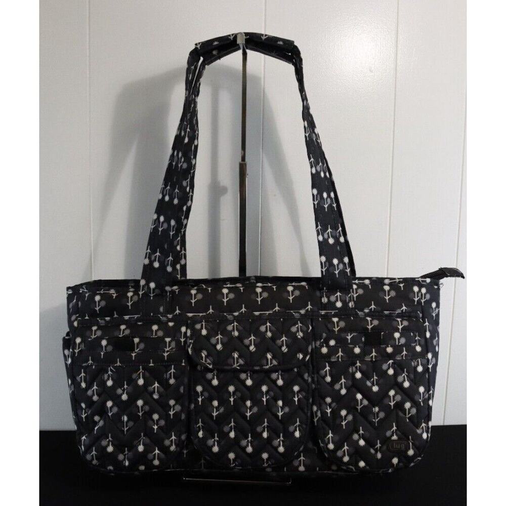 LUG Padded Quilt Diaper Bag Tote Shoulder Carry Multiple Pockets Black White Gre